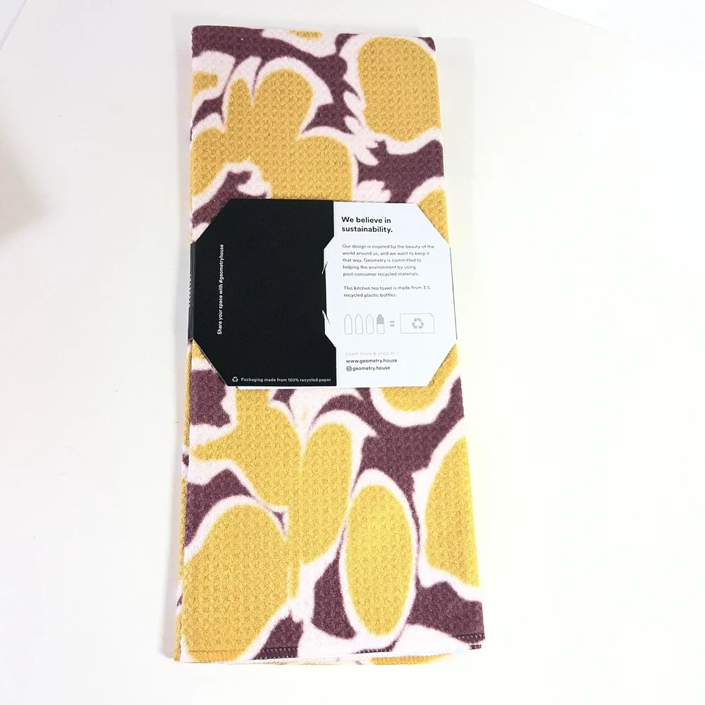 Geometry Tea Towel Abstract Floral Mustard Purple NIP 18 x 30